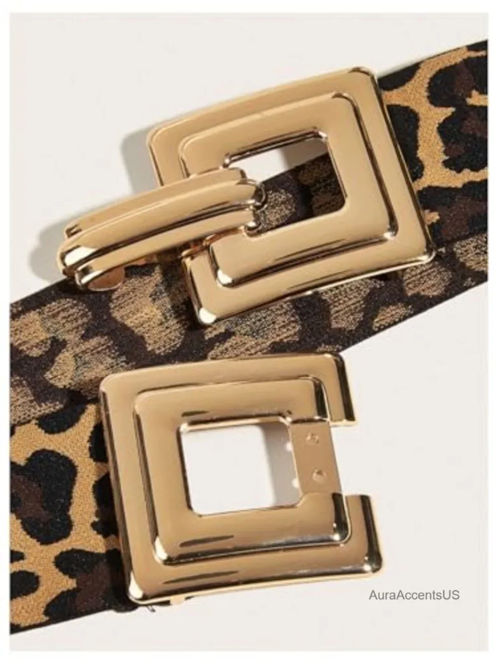 Wide Elastic Belt with Square Symmetrical Buckle Leopard Print